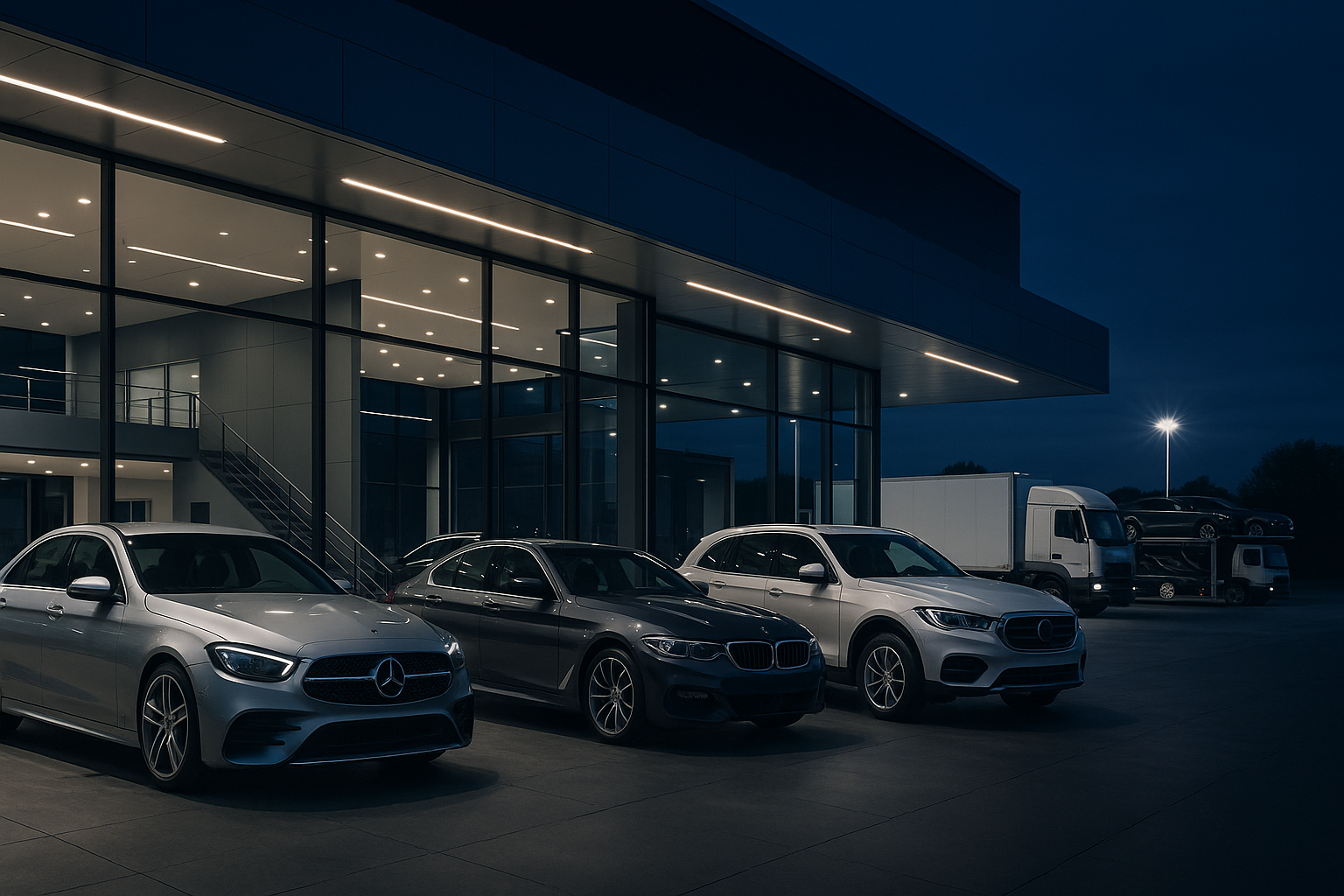 Elegant automotive dealership background with luxury vehicles and modern showroom